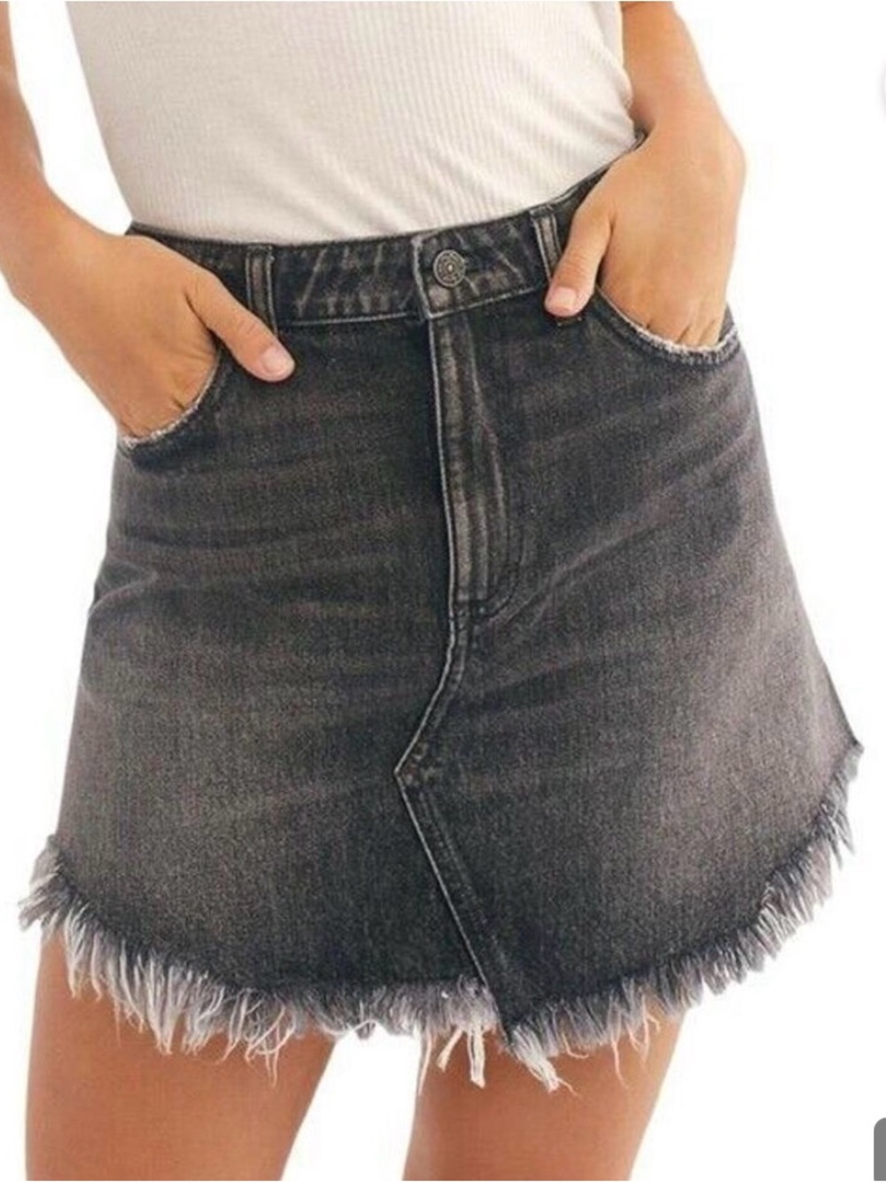 NWT Free People Bailey Fringe Denim Mini Skirt Maverick Black Size 27 $68